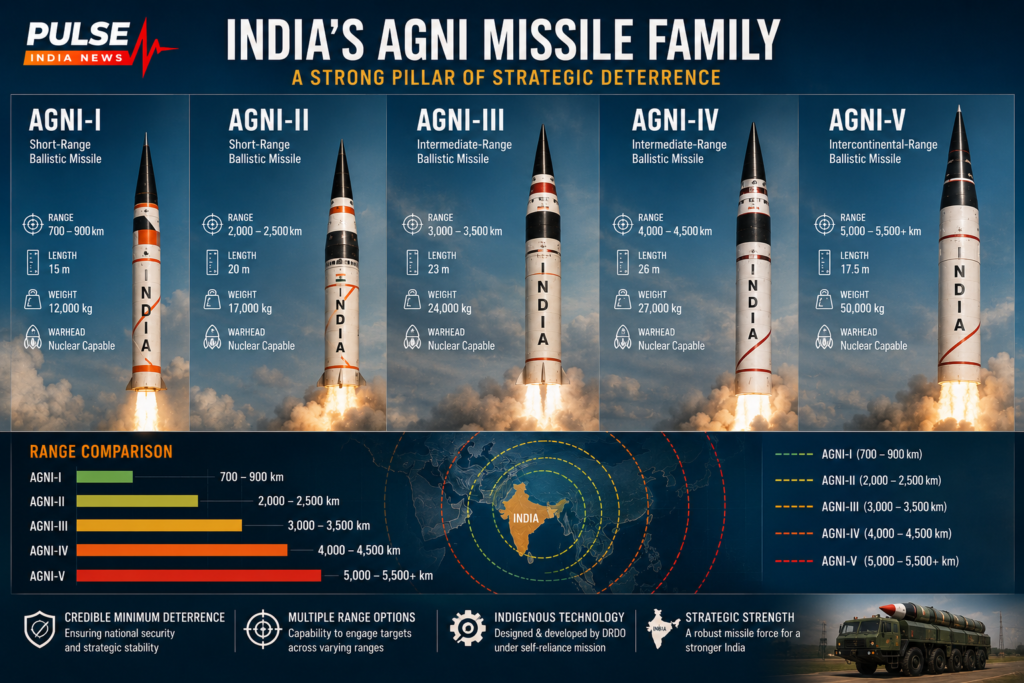 Agni Missile: One Weapon, Multiple Targets — India’s Strategic Leap with MIRV Technology India’s Agni missile family including Agni-I to Agni-V strategic ballistic missile systems.
