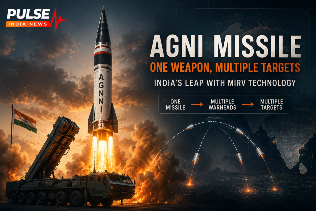 Agni Missile: One Weapon, Multiple Targets — India’s Strategic Leap with MIRV Technology Cinematic illustration of India’s Agni missile launch with MIRV multiple warhead concept graphic, Indian flag, mobile launcher and Pulse India News logo.