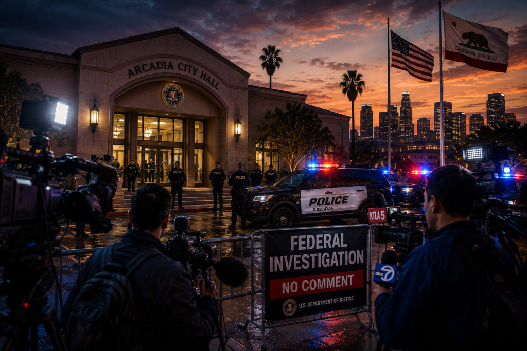 Arcadia City Hall in California amid controversy involving former mayor Eileen Wang and federal charges.