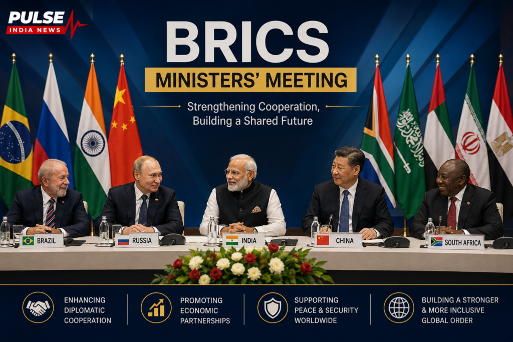 BRICS foreign ministers meeting table with flags of India, China, Russia, Brazil and South Africa during diplomatic summit discussions.