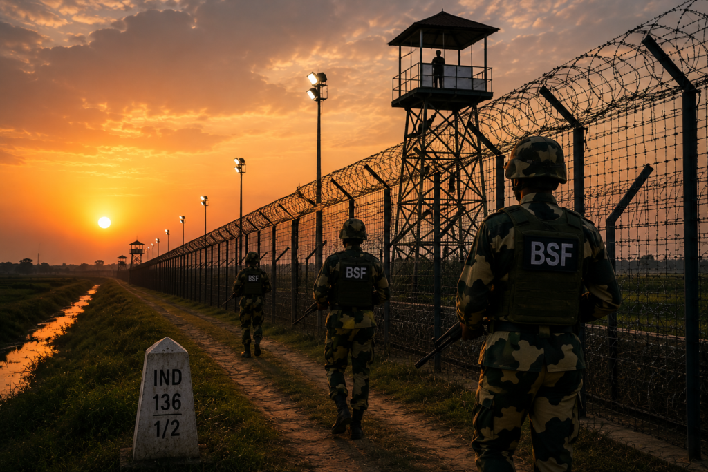 BSF troops guarding India-Bangladesh border during evening patrol