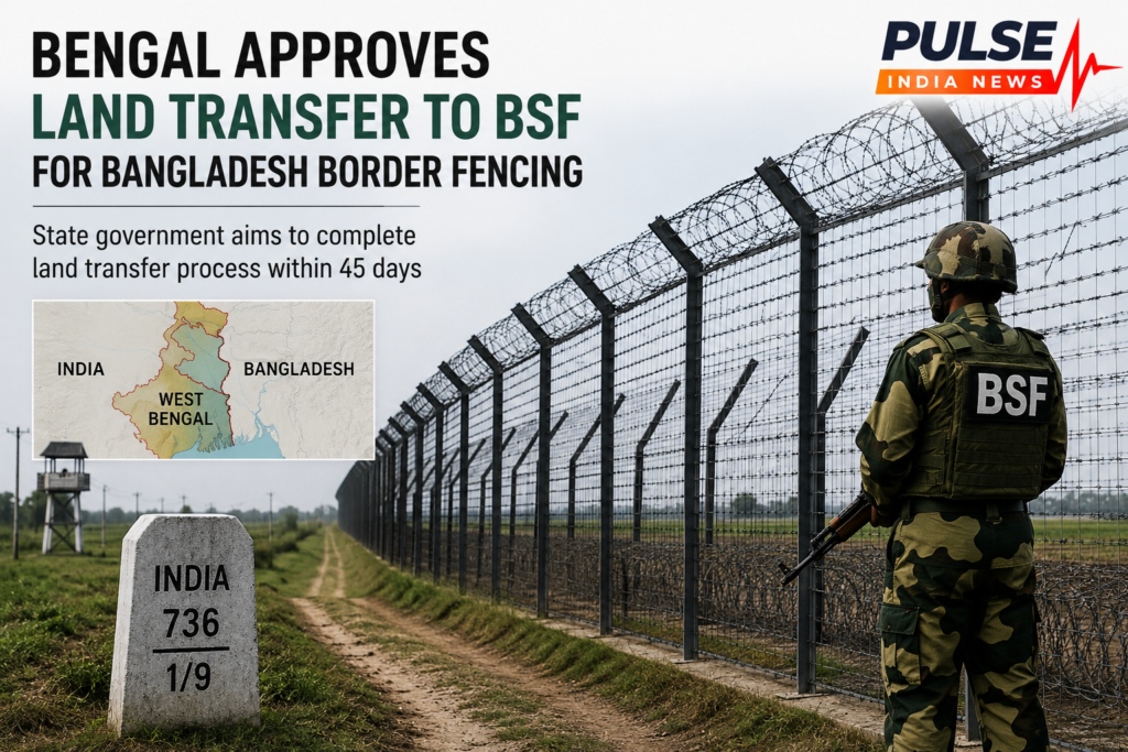 BSF soldier near India-Bangladesh border fencing with Bengal government approving land transfer for security infrastructure expansion.