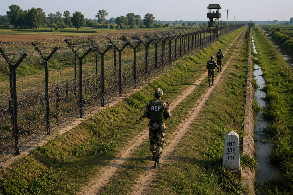 BSF personnel patrolling fenced India-Bangladesh border in West Bengal