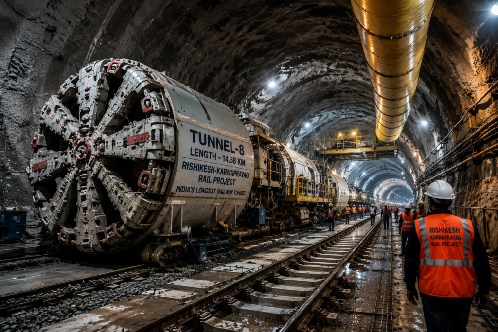 Engineers and tunnel boring machinery working inside Tunnel-8 of the Rishikesh-Karnaprayag rail project.