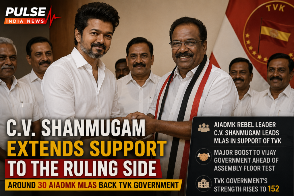 TVK chief Vijay and AIADMK rebel leader C.V. Shanmugam in a political support meeting as around 30 AIADMK MLAs reportedly back the Tamil Nadu government