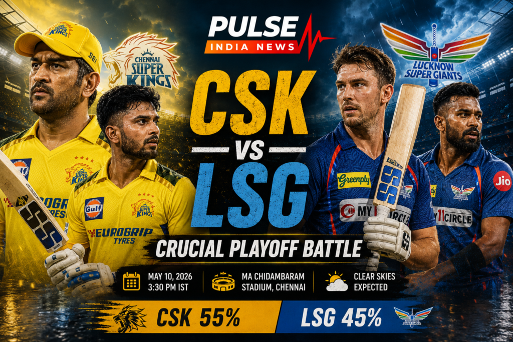 Cinematic CSK vs LSG IPL 2026 match preview graphic featuring Chennai Super Kings and Lucknow Super Giants players before crucial Chepauk clash
