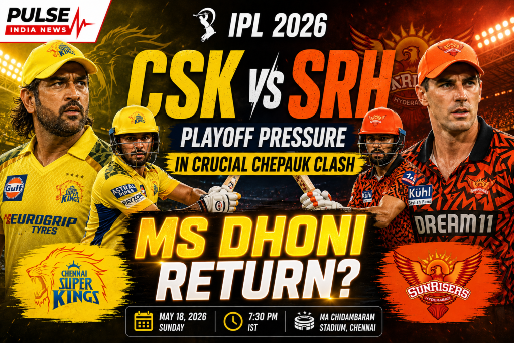 CSK vs SRH IPL 2026 featured image showing MS Dhoni and Sunrisers Hyderabad players with playoff-themed graphics, team logos, and Pulse India News branding at Chepauk Stadium.