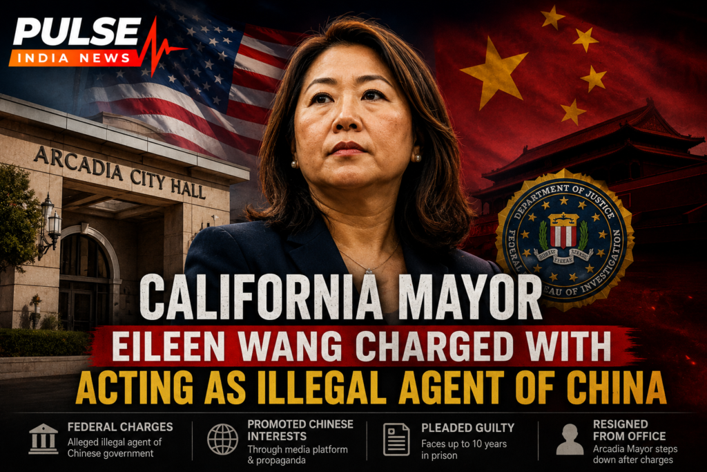 Cinematic news graphic showing California mayor Eileen Wang with US and China flags after federal charges related to alleged Chinese influence operations.