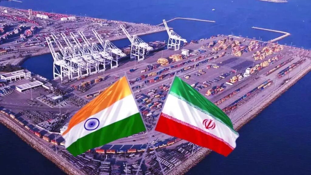 Aerial view of Iran’s Chabahar Port showing cargo terminals and strategic maritime infrastructure linked to India trade routes.