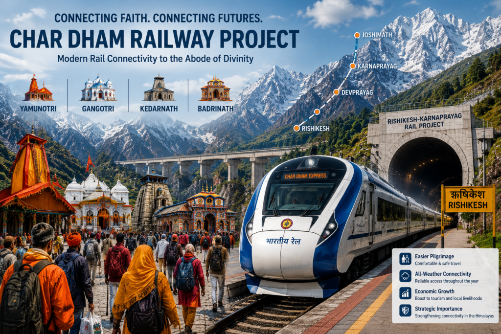 Pilgrims travelling through Uttarakhand as the Char Dham railway connectivity project advances.