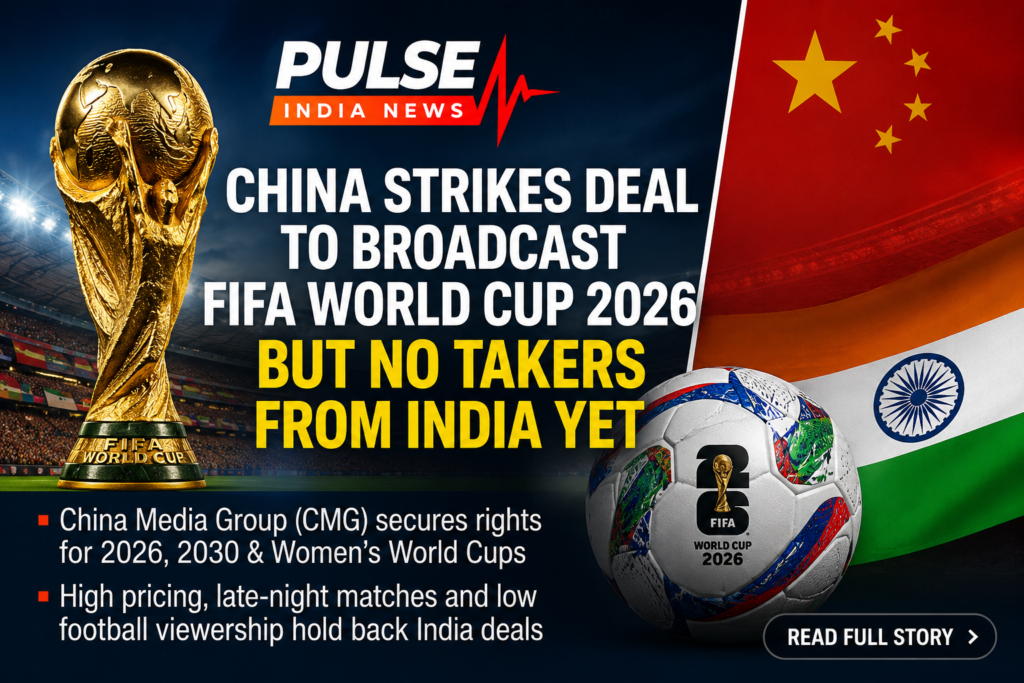 FIFA World Cup 2026 trophy graphic showing China securing broadcast rights while India remains without an official broadcaster, with Pulse India News branding.