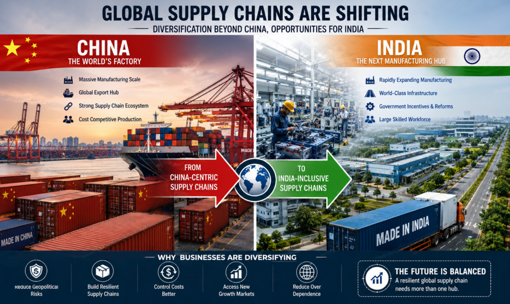 Split-screen comparison of Chinese export factories and India’s growing manufacturing ecosystem