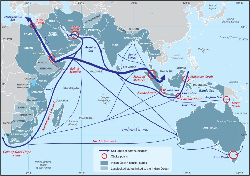 Map showing major maritime trade routes across the Indian Ocean region