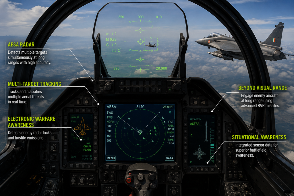 Tejas Mk1A AESA radar system designed for advanced target tracking and electronic warfare operations
