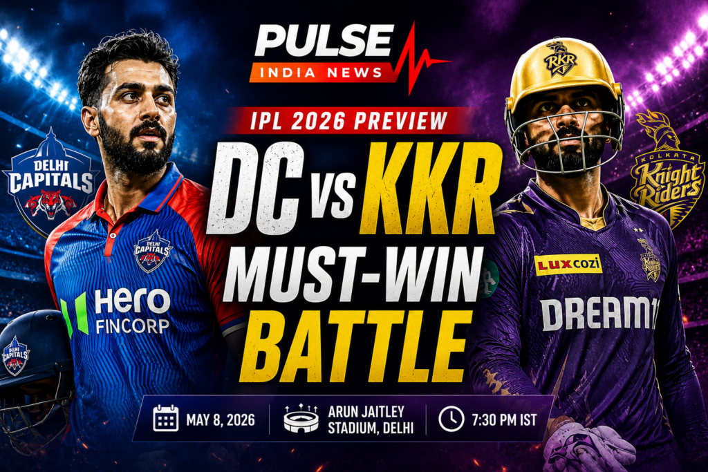 DC vs KKR IPL 2026 preview poster showing Delhi Capitals and Kolkata Knight Riders players before a must-win playoff race clash at Arun Jaitley Stadium, Delhi.
