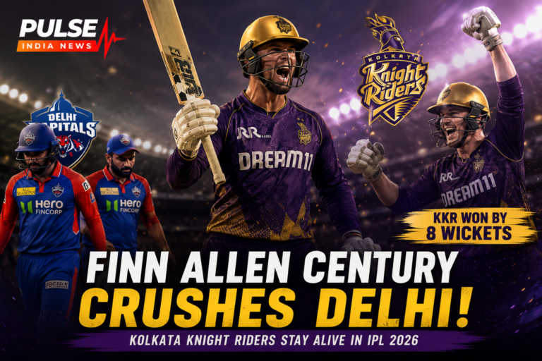 Finn Allen celebrates his century during Kolkata Knight Riders’ dominant win over Delhi Capitals in IPL 2026