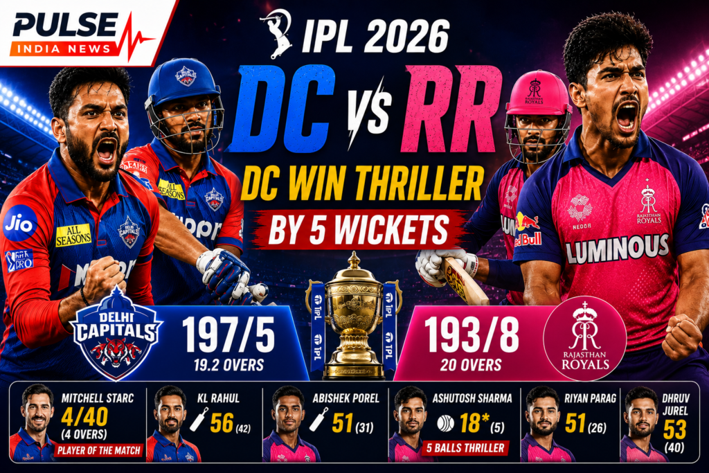 DC vs RR IPL 2026 featured image showing Delhi Capitals defeating Rajasthan Royals by 5 wickets with Mitchell Starc and Rajasthan Royals players alongside match scorecards and Pulse India News logo.