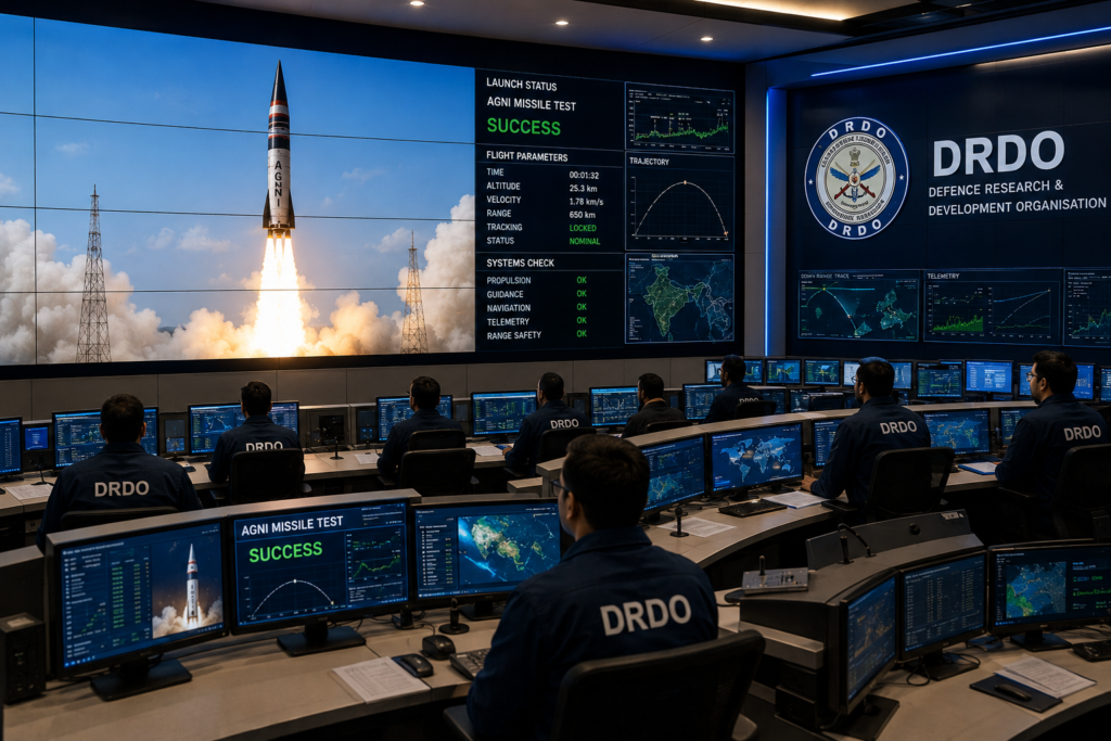 Agni Missile: One Weapon, Multiple Targets — India’s Strategic Leap with MIRV Technology Cinematic View of DRDO scientists and mission control team monitoring India’s Agni missile test mission