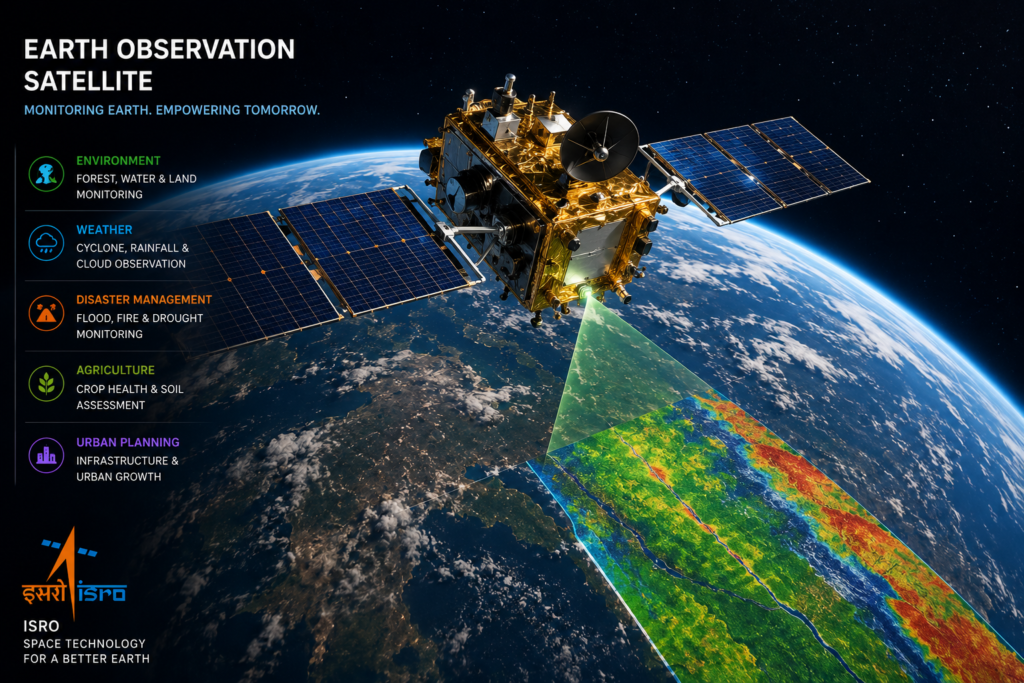 Illustration of an Earth observation satellite scanning the planet from orbit with Earth visible in the background, representing ISRO’s satellite monitoring capabilities.