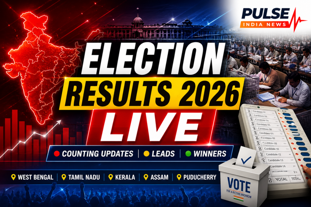 Election Results 2026 live counting updates showing India map, EVM voting machine and counting centre with party leads and winners trends