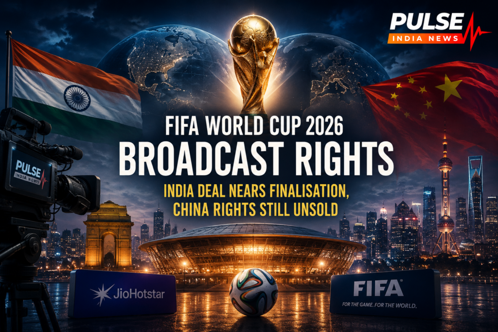 FIFA World Cup 2026 broadcast rights graphic showing India and China with World Cup trophy and JioHotstar deal focus