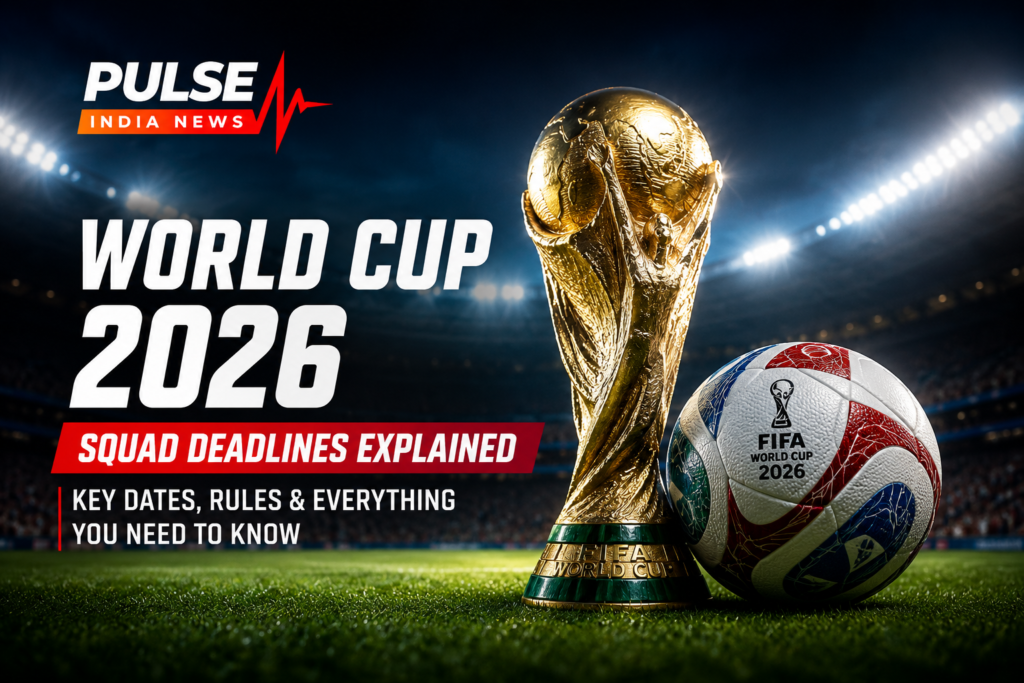 FIFA World Cup 2026 trophy and football inside a stadium with World Cup squad deadlines explained graphic by Pulse India News