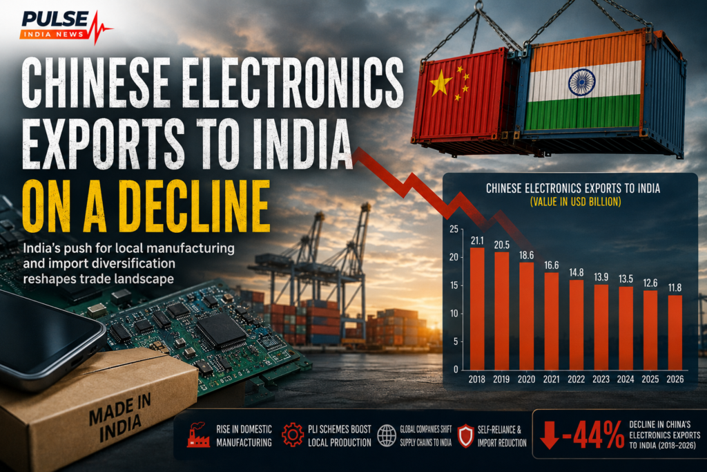 Cinematic infographic showing declining Chinese electronics exports to India from 2018 to 2026 with trade containers, electronics components, falling graph and Make in India visuals.
