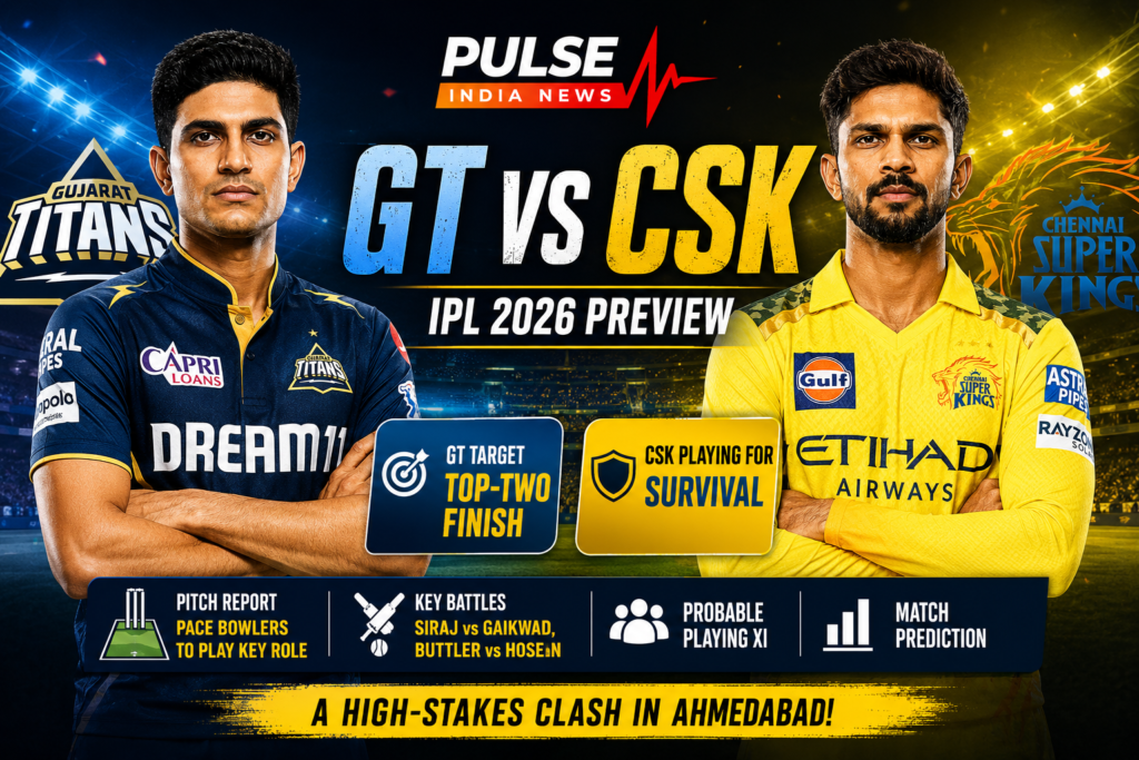 GT vs CSK IPL 2026 Preview: Gujarat Titans Eye Top-Two Finish as Chennai Fight for Survival GT vs CSK IPL 2026 preview graphic featuring Shubman Gill and Ruturaj Gaikwad ahead of the Gujarat Titans vs Chennai Super Kings match in Ahmedabad.