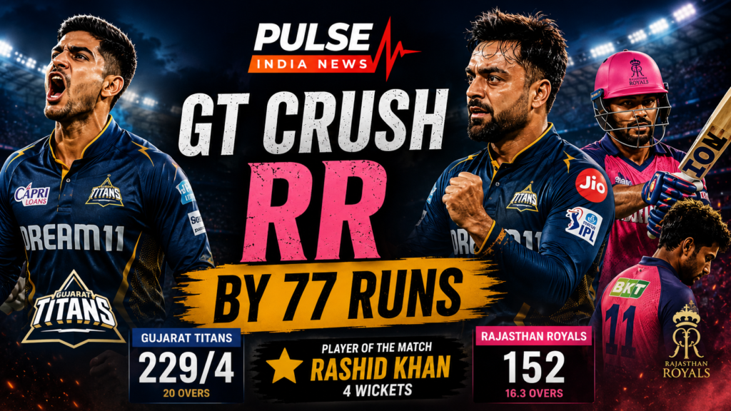 Gujarat Titans players celebrate dominant 77-run win over Rajasthan Royals in IPL 2026 as Rashid Khan stars with the ball