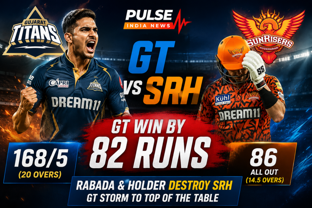 GT vs SRH: Gujarat Titans Crush Sunrisers Hyderabad by 82 Runs as Rabada Destroys SRH Batting Gujarat Titans defeat Sunrisers Hyderabad by 82 runs in IPL 2026 cinematic match poster featuring GT and SRH players with Pulse India News logo