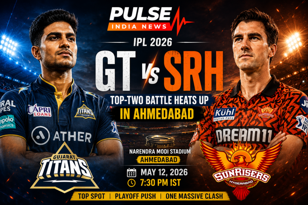 GT vs SRH IPL 2026 cinematic featured image showing Shubman Gill and Pat Cummins ahead of Gujarat Titans vs Sunrisers Hyderabad match in Ahmedabad.
