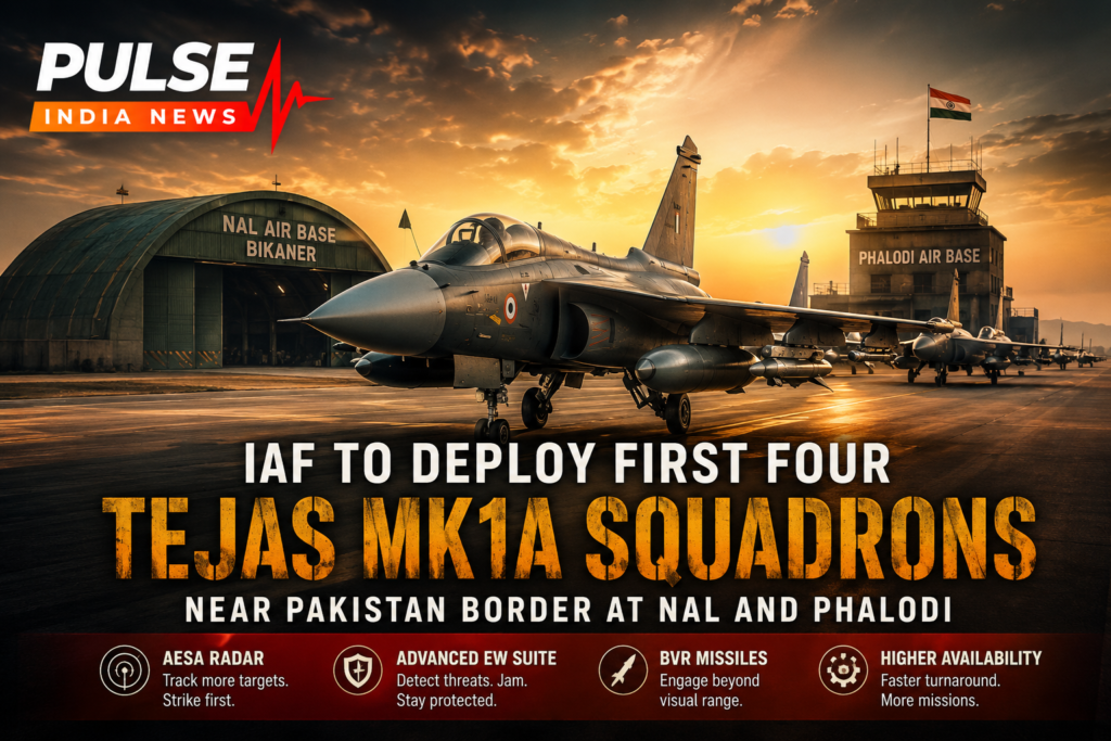 Tejas Mk1A fighter jets at Nal and Phalodi air bases near Pakistan border in cinematic Indian Air Force deployment visual.
