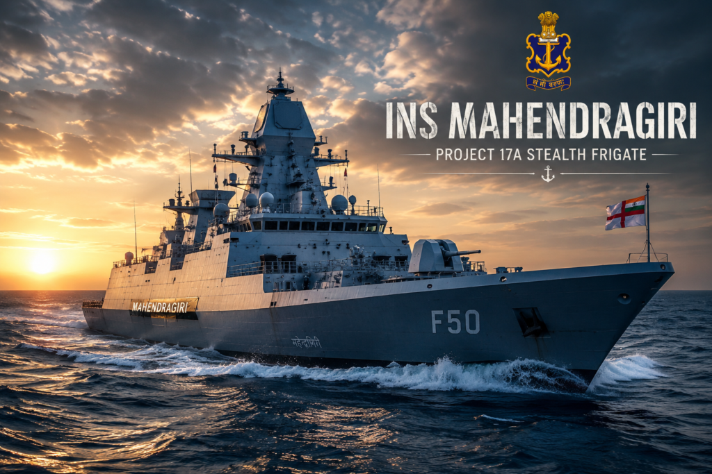 Cinematic featured image of Indian Navy stealth frigate INS Mahendragiri sailing through the ocean during sunset under Project 17A programme