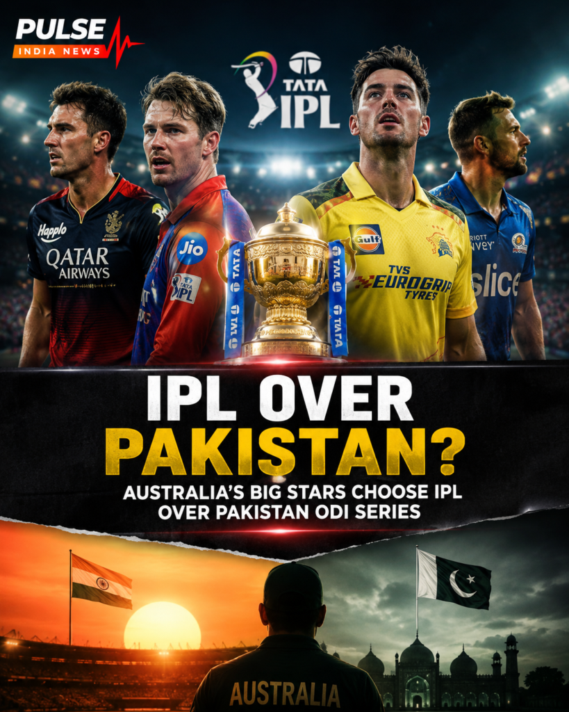 IPL trophy with Australian cricketers in franchise jerseys and headline questioning Australia prioritising IPL over Pakistan ODI series.