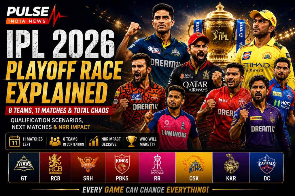 IPL 2026 playoff race graphic featuring Shubman Gill, Virat Kohli, MS Dhoni and other IPL stars with qualification scenarios and team playoff battle visuals.