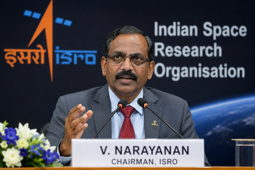 ISRO Chairman V. Narayanan addressing a press conference with ISRO branding in the background while discussing India’s planned G20 satellite mission.