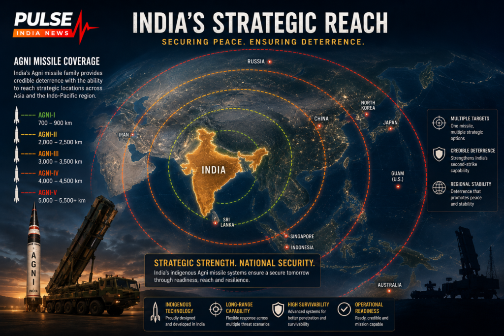Agni Missile: One Weapon, Multiple Targets — India’s Strategic Leap with MIRV Technology Strategic range map showing India’s long-range Agni missile coverage capability across Asia
