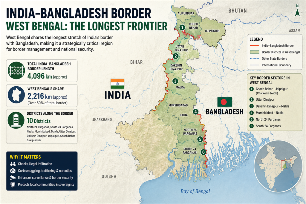 Map showing India-Bangladesh border stretches through West Bengal