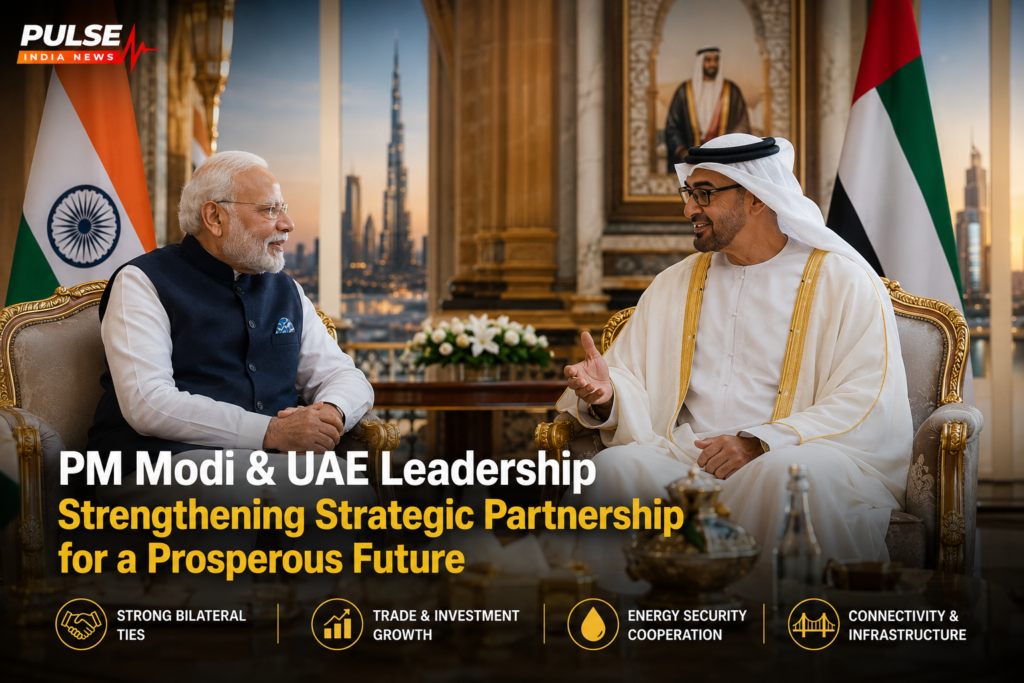 PM Narendra Modi meeting UAE President Sheikh Mohamed bin Zayed during bilateral diplomatic talks in Abu Dhabi.