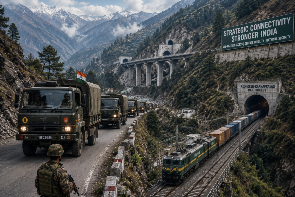 Strategic railway connectivity in Uttarakhand improving military and emergency access in Himalayan regions.