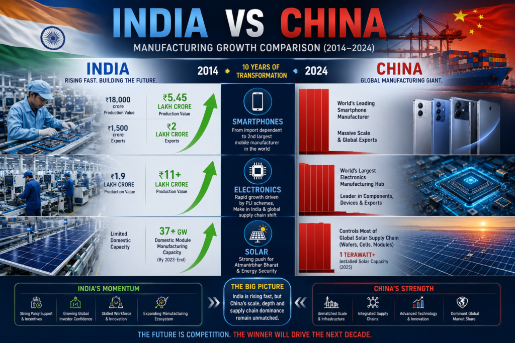 Infographic comparing India and China manufacturing growth in smartphones, electronics and solar sectors from 2014 to 2024