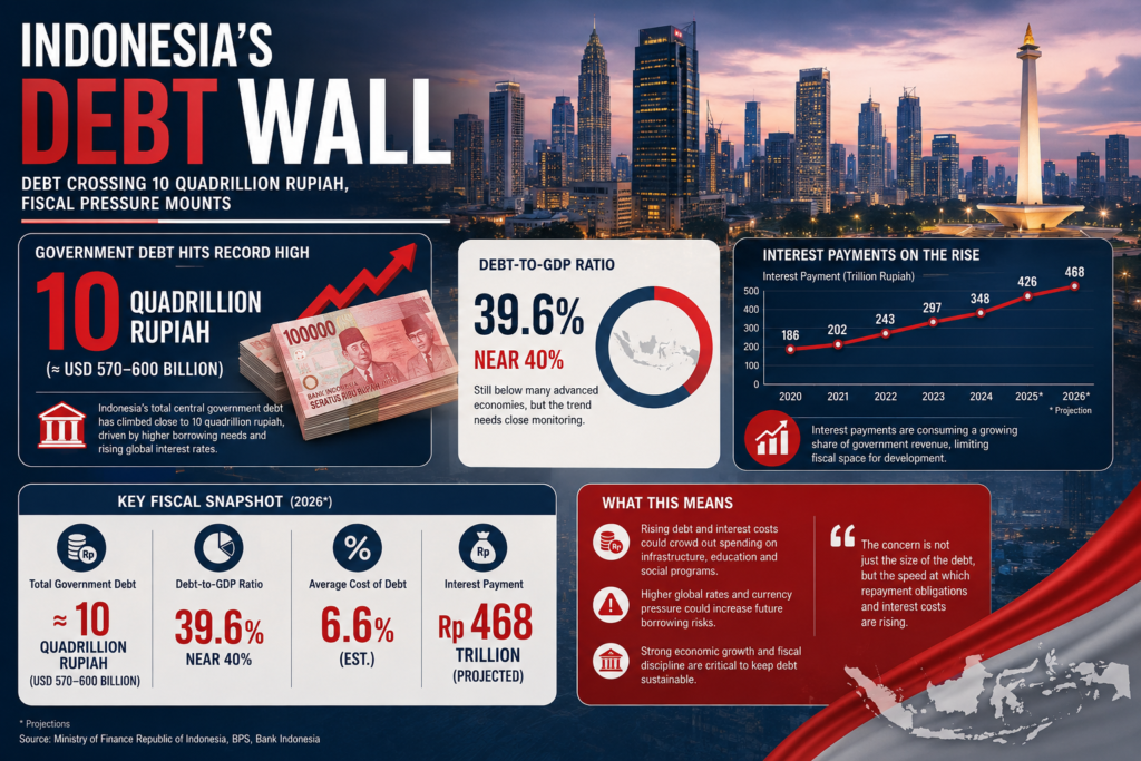 Indonesia debt infographic showing debt-to-GDP ratio, rising borrowing costs and fiscal pressure in 2026
