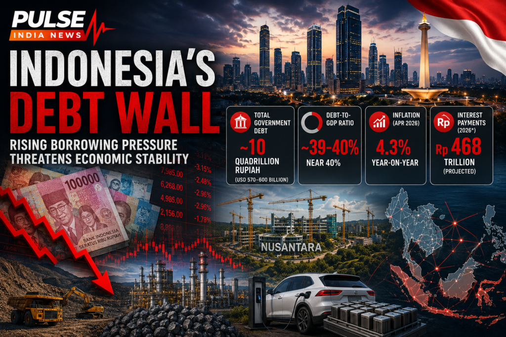 Featured infographic showing Indonesia’s rising debt crisis with Jakarta skyline, rupiah currency decline, Nusantara construction, EV battery industry and ASEAN economic impact visuals
