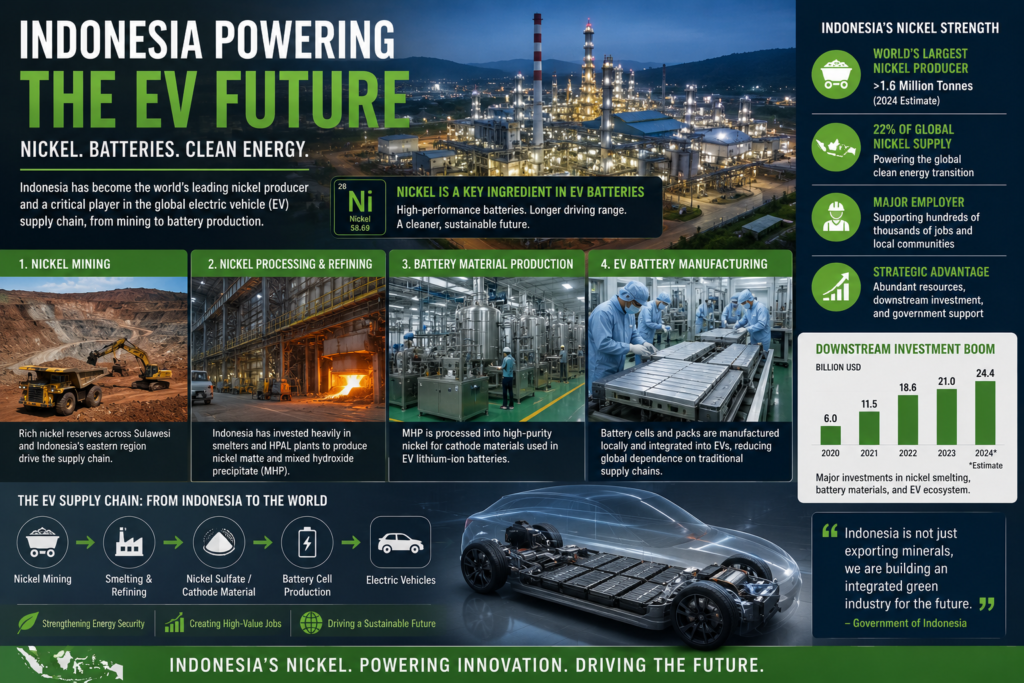 Indonesia nickel and EV battery industry visuals highlighting the country’s role in global electric vehicle supply chains