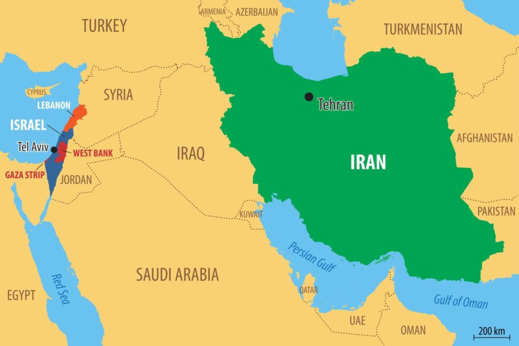 Map showing Israel Iran region and geopolitical tensions in the Middle East