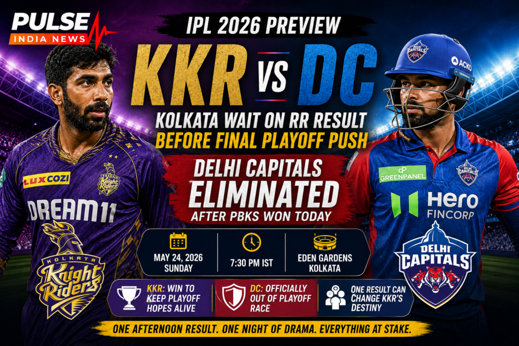KKR vs DC IPL 2026 featured image showing Kolkata Knight Riders and Delhi Capitals players with playoff scenario headline, Eden Gardens background and Pulse India News logo.