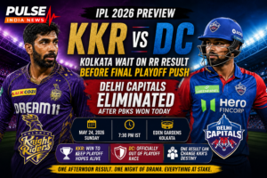 KKR vs DC IPL 2026 featured image showing Kolkata Knight Riders and Delhi Capitals players with playoff scenario headline, Eden Gardens background and Pulse India News logo.