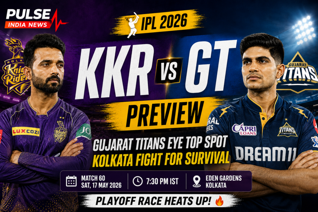 KKR vs GT IPL 2026 Preview: Gujarat Titans Eye Top Spot as Kolkata Fight for Survival KKR vs GT IPL 2026 preview poster featuring Kolkata Knight Riders and Gujarat Titans players at Eden Gardens in Kolkata.
