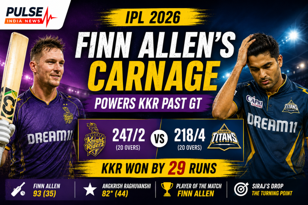 Finn Allen celebrates during KKR vs GT IPL 2026 match as Kolkata Knight Riders defeated Gujarat Titans by 29 runs at Eden Gardens.