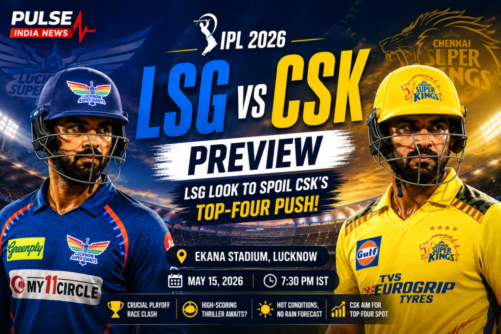 LSG vs CSK IPL 2026 preview poster featuring Lucknow Super Giants and Chennai Super Kings players at Ekana Stadium in Lucknow.